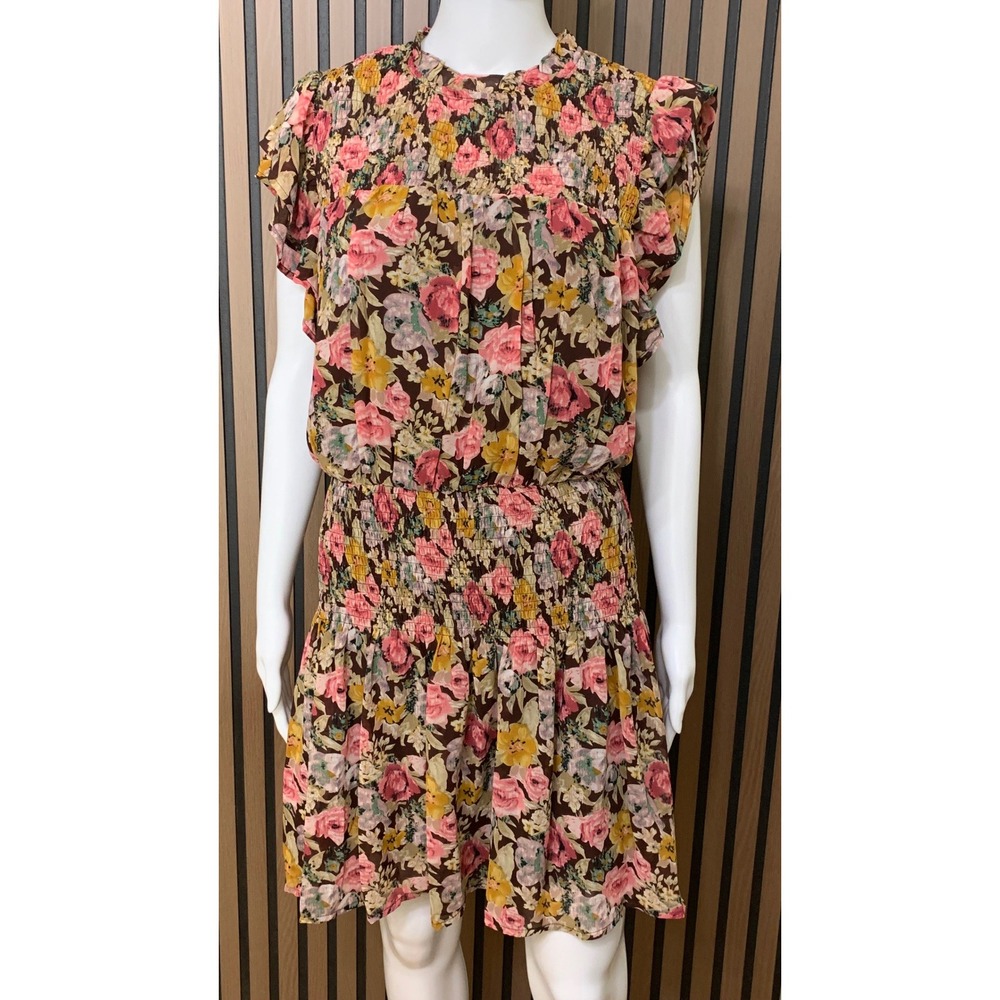 Entro Women's Floral Smocked Mini Dress Brown Pink Ruffle Cap Sleeve L Classic